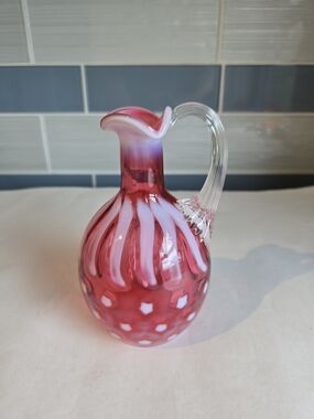 Fenton Stars & Stripes Handblown Pink and White Art Glass Pitcher Vase